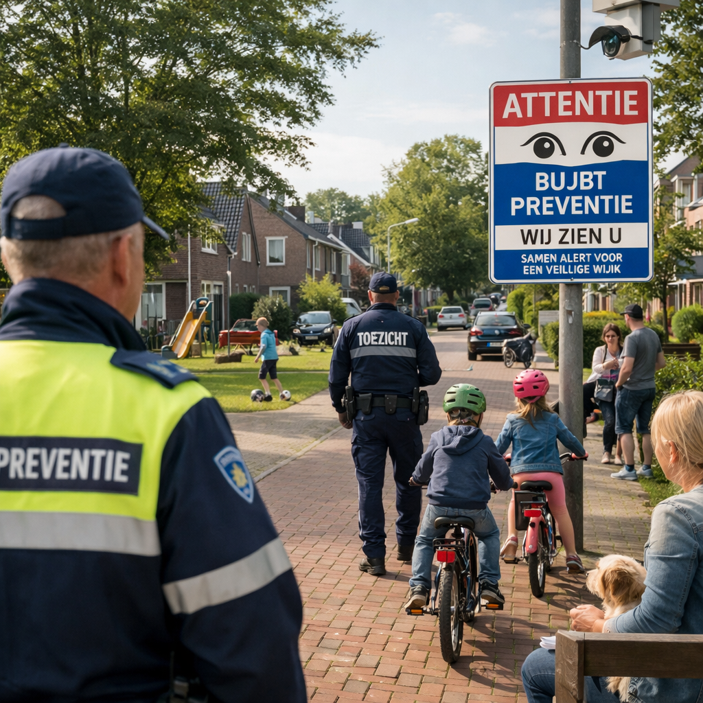 Neighborhood street with two officers, children on bicycles, and a community watch sign in Dutch
